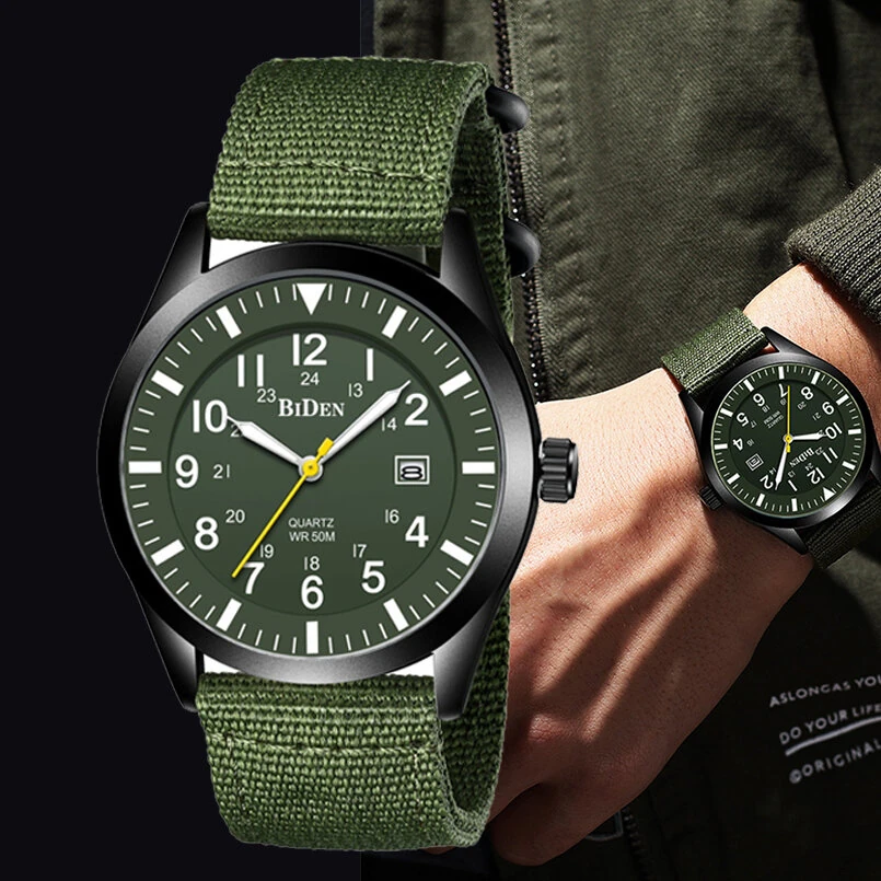 BIDEN 12/24Hours Scale Calendar Quartz Watch Outdoor Sports Luminous Waterproof Nylon Strap Men Wrist Watches