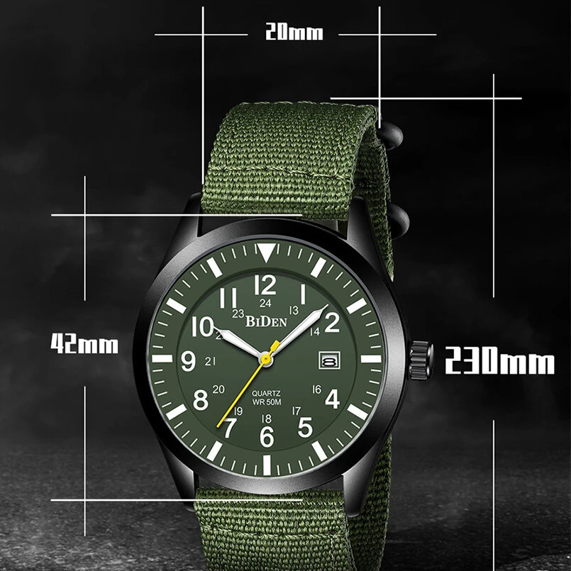 BIDEN 12/24Hours Scale Calendar Quartz Watch Outdoor Sports Luminous Waterproof Nylon Strap Men Wrist Watches