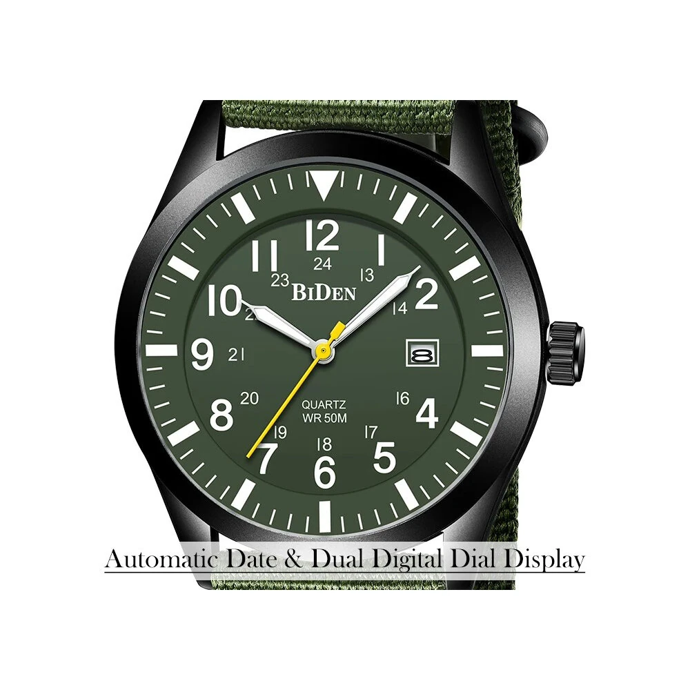 BIDEN 12/24Hours Scale Calendar Quartz Watch Outdoor Sports Luminous Waterproof Nylon Strap Men Wrist Watches