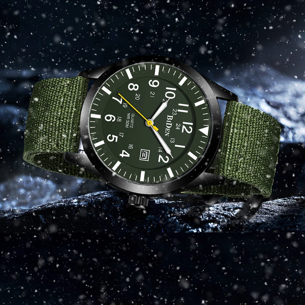 BIDEN 12/24Hours Scale Calendar Quartz Watch Outdoor Sports Luminous Waterproof Nylon Strap Men Wrist Watches