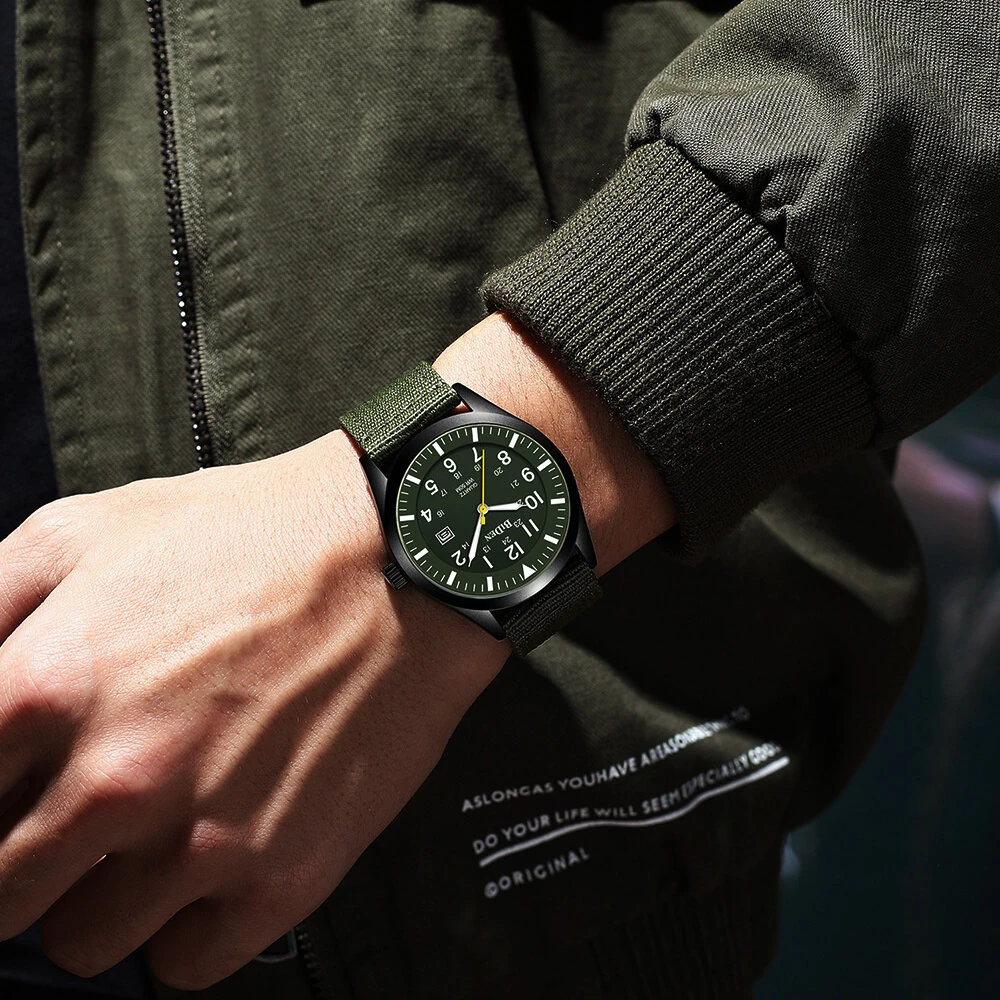 BIDEN 12/24Hours Scale Calendar Quartz Watch Outdoor Sports Luminous Waterproof Nylon Strap Men Wrist Watches
