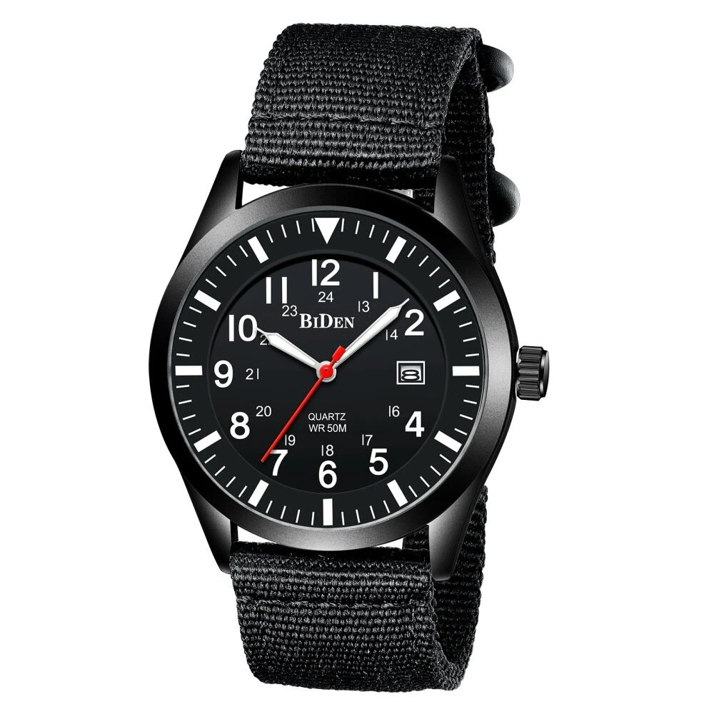 BIDEN 12/24Hours Scale Calendar Quartz Watch Outdoor Sports Luminous Waterproof Nylon Strap Men Wrist Watches