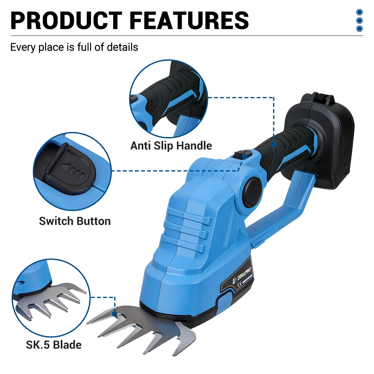 Drillpro Electric Hedge Trimmer Grass Trimmer 1200 Strokes per Minute Brushed Motor Battery Powered Suitable for 21V Makita Battery