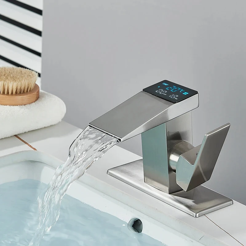 Smart LED Digital Temperature Display Bathroom Faucet Hot Cold Water Basin Sink Washbasin Waterfall Taps Deck Mixers
