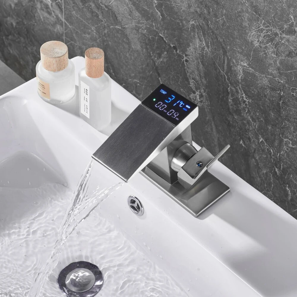 Smart LED Digital Temperature Display Bathroom Faucet Hot Cold Water Basin Sink Washbasin Waterfall Taps Deck Mixers