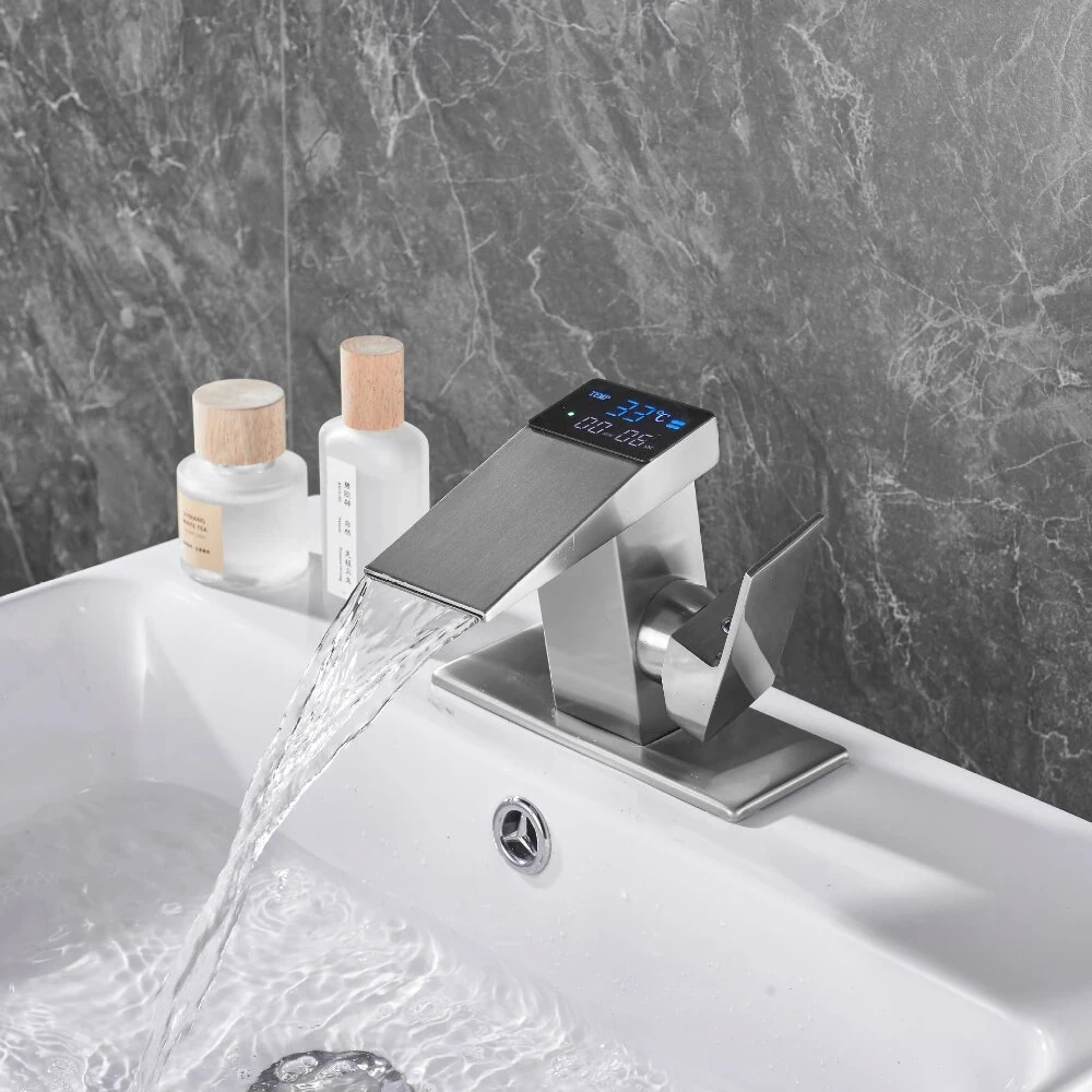 Smart LED Digital Temperature Display Bathroom Faucet Hot Cold Water Basin Sink Washbasin Waterfall Taps Deck Mixers