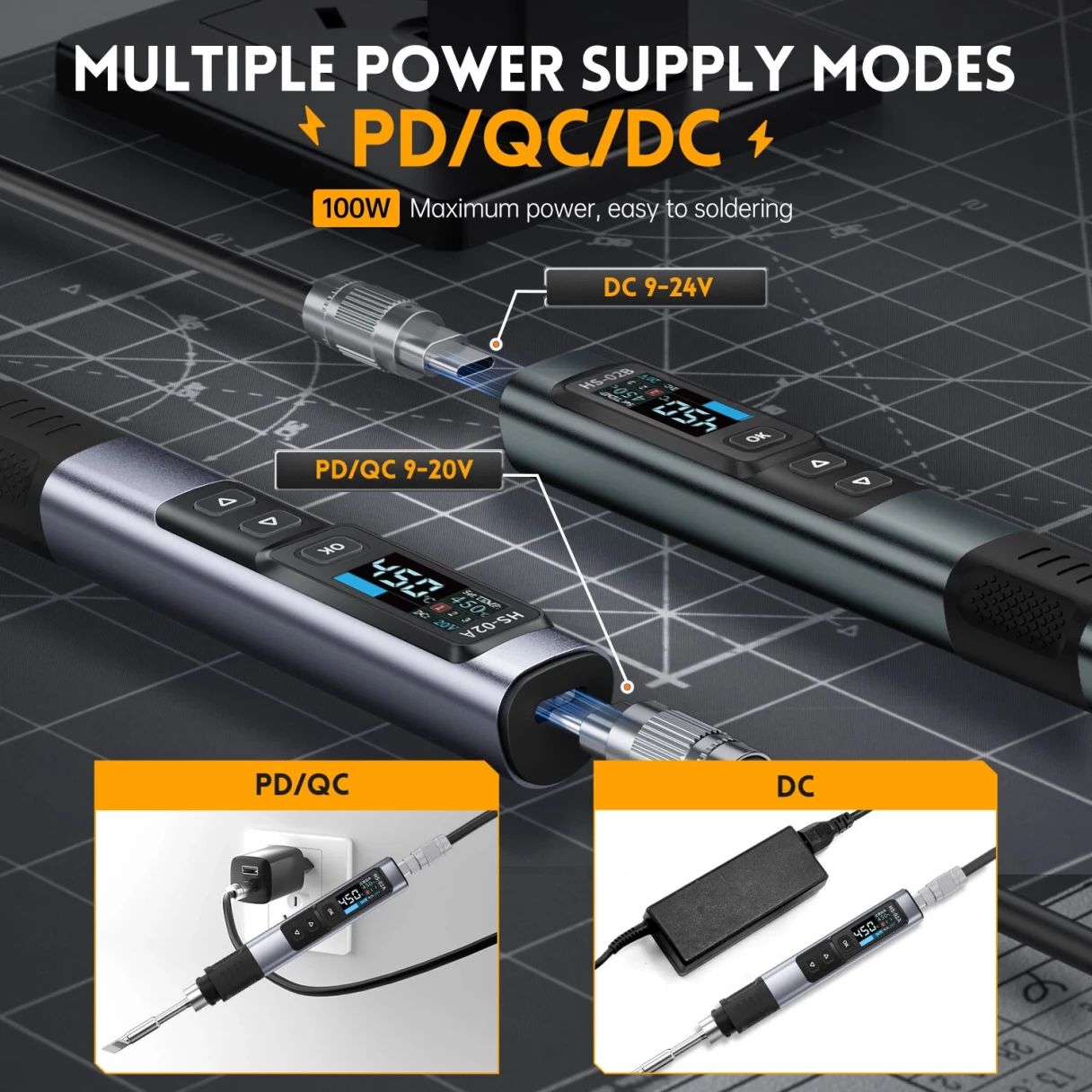FNIRSI HS-02A Smart Soldering Iron with 6 Tips High-Power 100W Adaptable to Quick Charging PD/QC Protocol Wide Temperature Range 180-842°F Featuring Adaptive Power Efficiency 0.96 IPS HD Color Screen