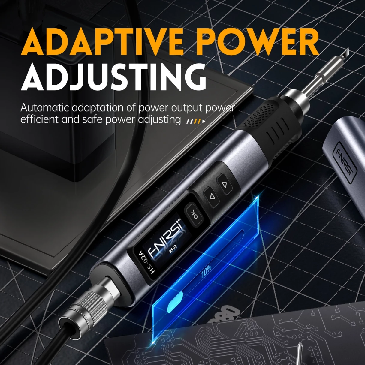 FNIRSI HS-02A Smart Soldering Iron with 6 Tips High-Power 100W Adaptable to Quick Charging PD/QC Protocol Wide Temperature Range 180-842°F Featuring Adaptive Power Efficiency 0.96 IPS HD Color Screen