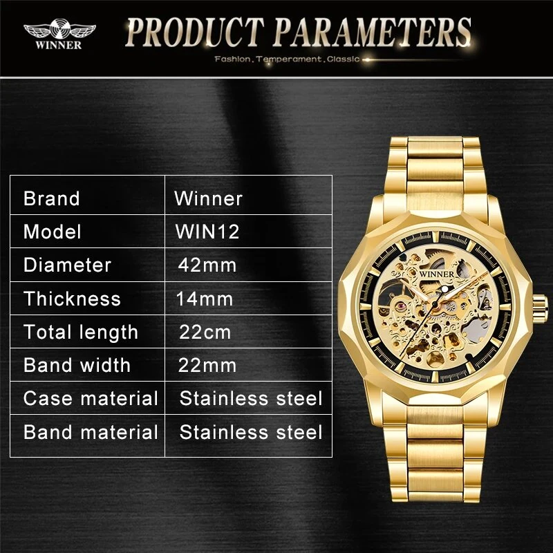 Fashion Fully Auto Mechanical Skeleton Men Watch Retro Exquisite Dial Gold Steel Band Wristwatch