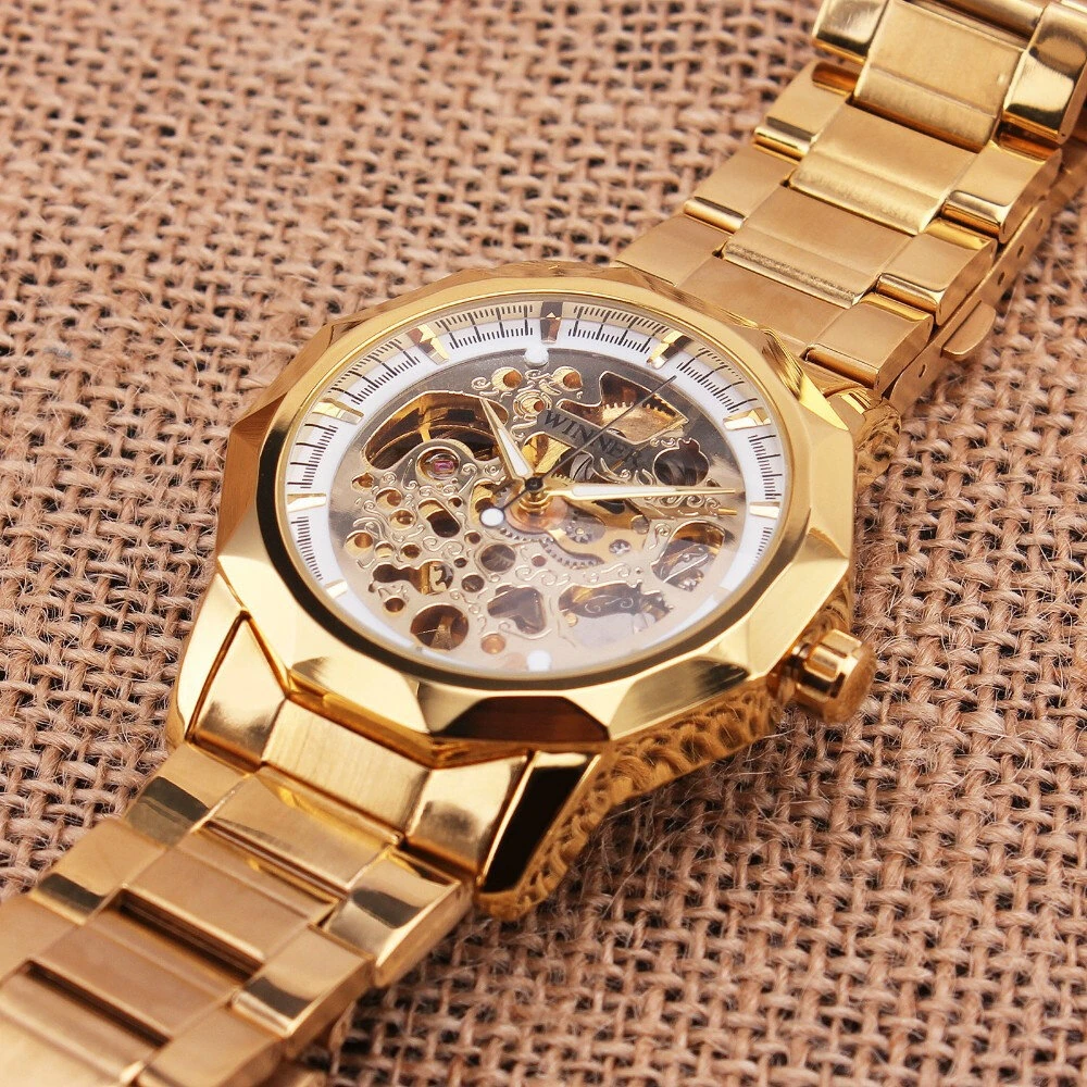 Fashion Fully Auto Mechanical Skeleton Men Watch Retro Exquisite Dial Gold Steel Band Wristwatch