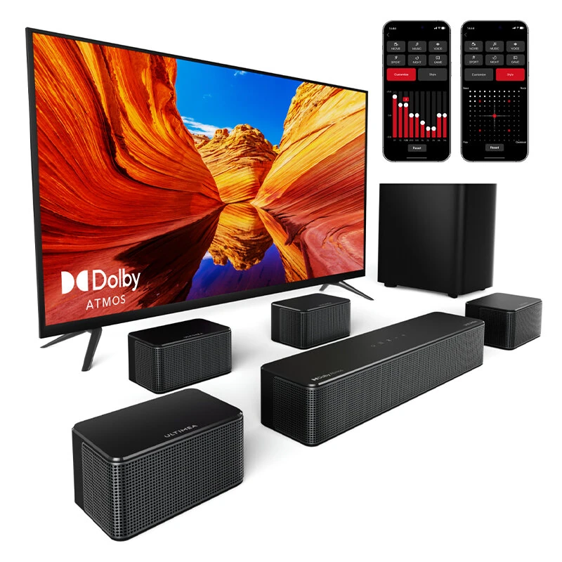 Ultimea Poseidon D80 460W 7.1CH Soundbar bluetooth Soundbar 4 Wired Surround Speakers 6.5" Wireless Subwoofer BassMX SurroundX Technology Smart APP Control 121 Preset EQ Matrices Home Theater Desktop Speaker Subwoofer Surround System