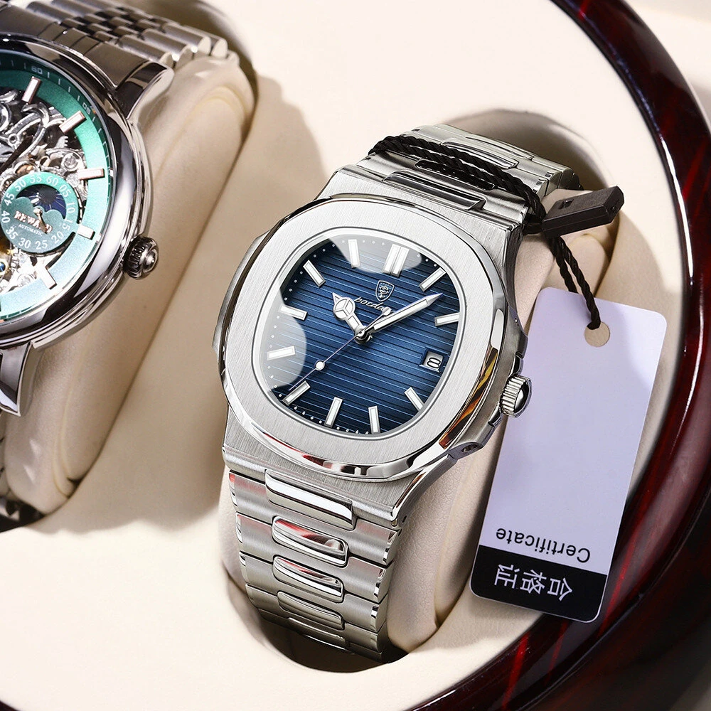 POEDAGAR Classic Business Men Watch Waterproof Luminous Date Quartz Watch Fashion Steel Strap Square Thin Wristwatch for Male