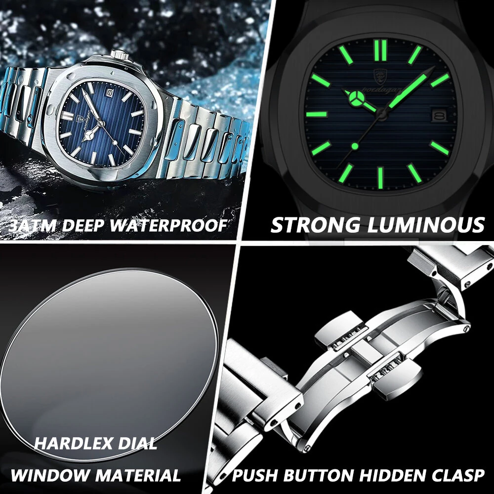 POEDAGAR Classic Business Men Watch Waterproof Luminous Date Quartz Watch Fashion Steel Strap Square Thin Wristwatch for Male