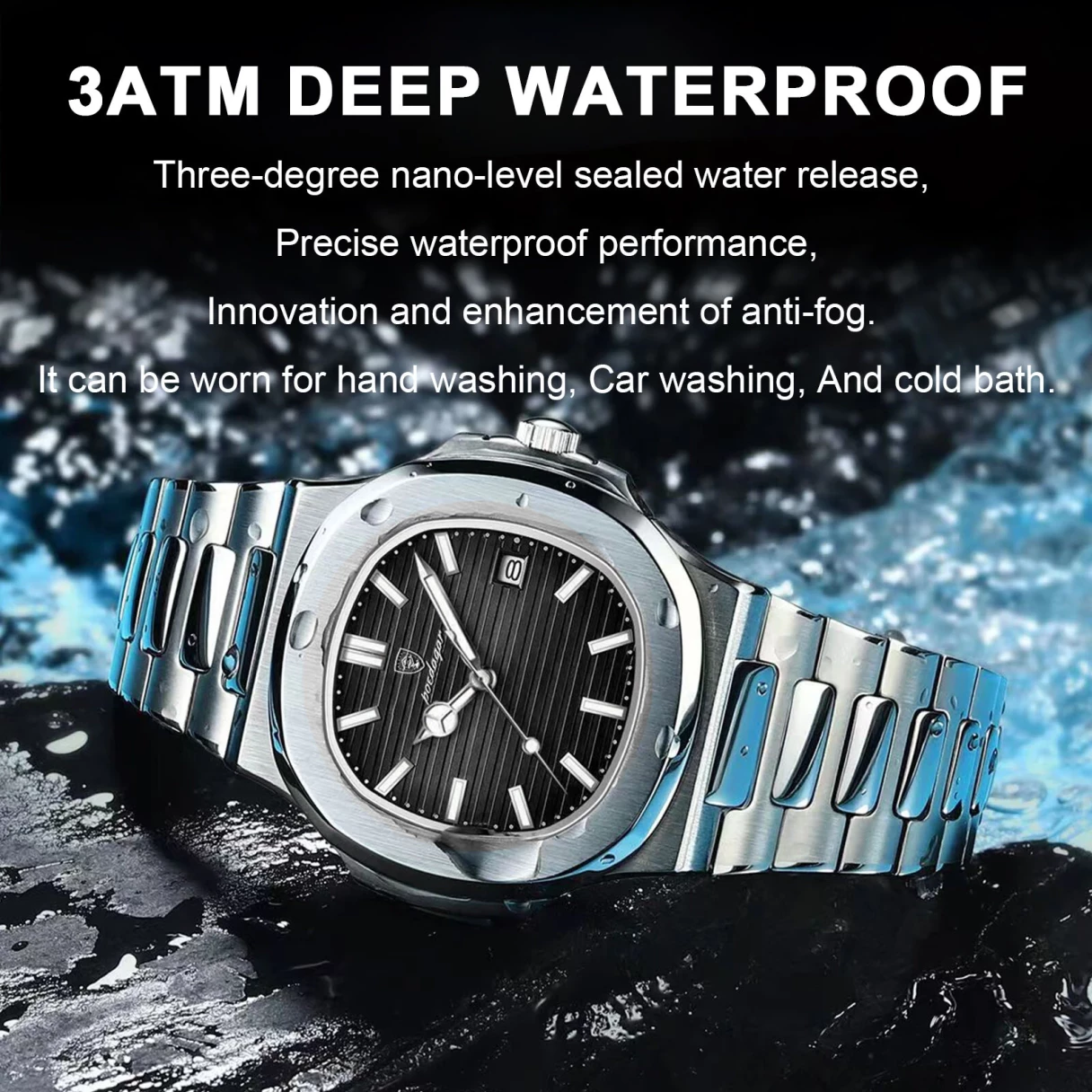 POEDAGAR Classic Business Men Watch Waterproof Luminous Date Quartz Watch Fashion Steel Strap Square Thin Wristwatch for Male