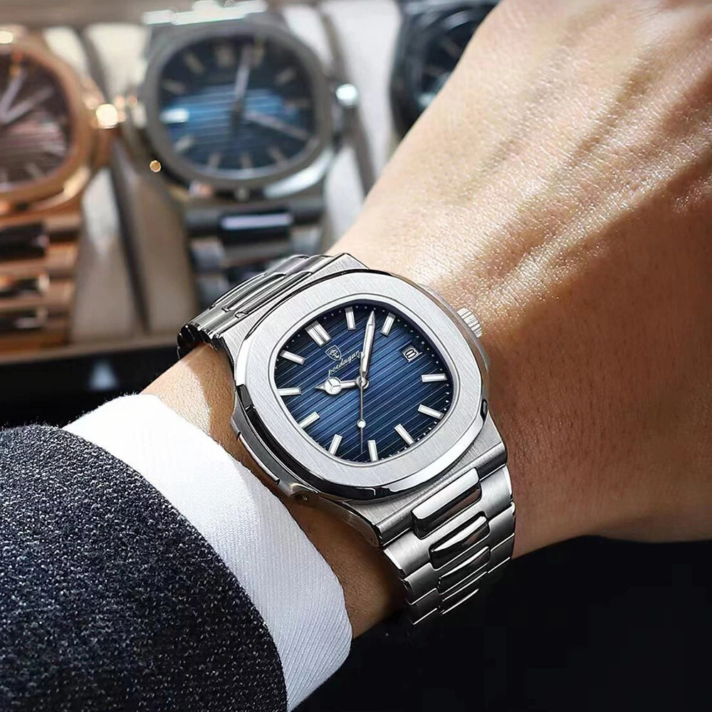 POEDAGAR Classic Business Men Watch Waterproof Luminous Date Quartz Watch Fashion Steel Strap Square Thin Wristwatch for Male
