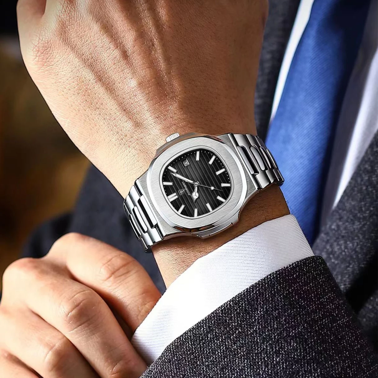 POEDAGAR Classic Business Men Watch Waterproof Luminous Date Quartz Watch Fashion Steel Strap Square Thin Wristwatch for Male