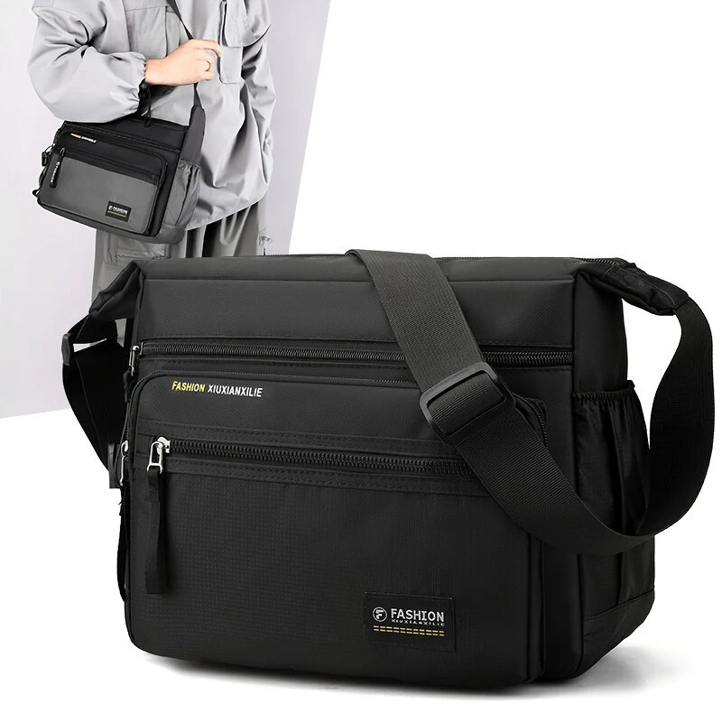 Waterproof Nylon Men Crossbody Bag Large Capacity Multiple Pockets Zipper Shoulder Bag Fashion Casual Outdoor Travel Messenger Bag