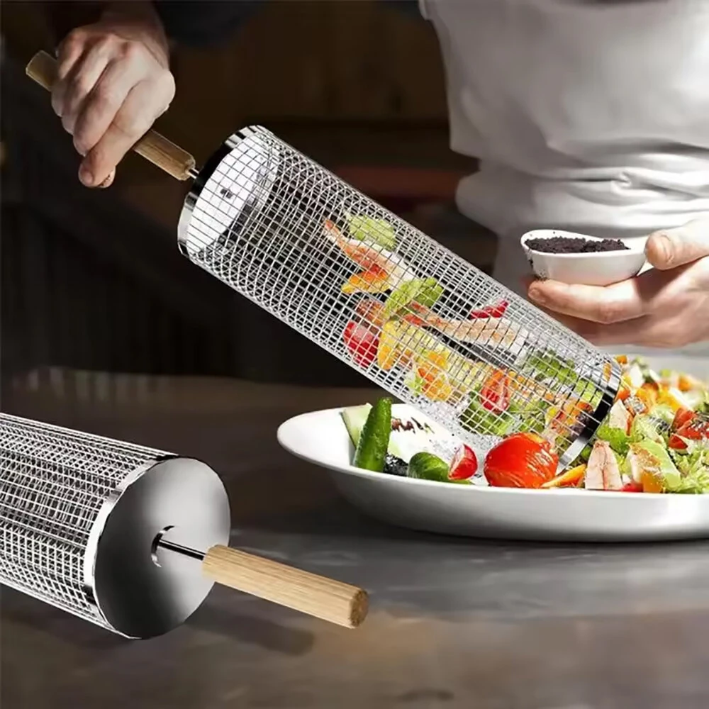 BBQ Grill Basket Round BBQ Cage Outdoor BBQ Smoking Cage Portable BBQ Net Rotating Drum Stainless Steel Grill Cage Round BBQ Basket with Handle Fish Roaster Outdoor Grill