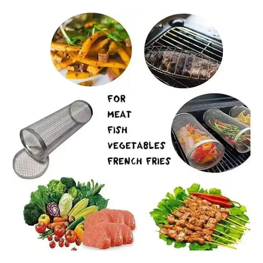 BBQ Grill Basket Round BBQ Cage Outdoor BBQ Smoking Cage Portable BBQ Net Rotating Drum Stainless Steel Grill Cage Round BBQ Basket with Handle Fish Roaster Outdoor Grill