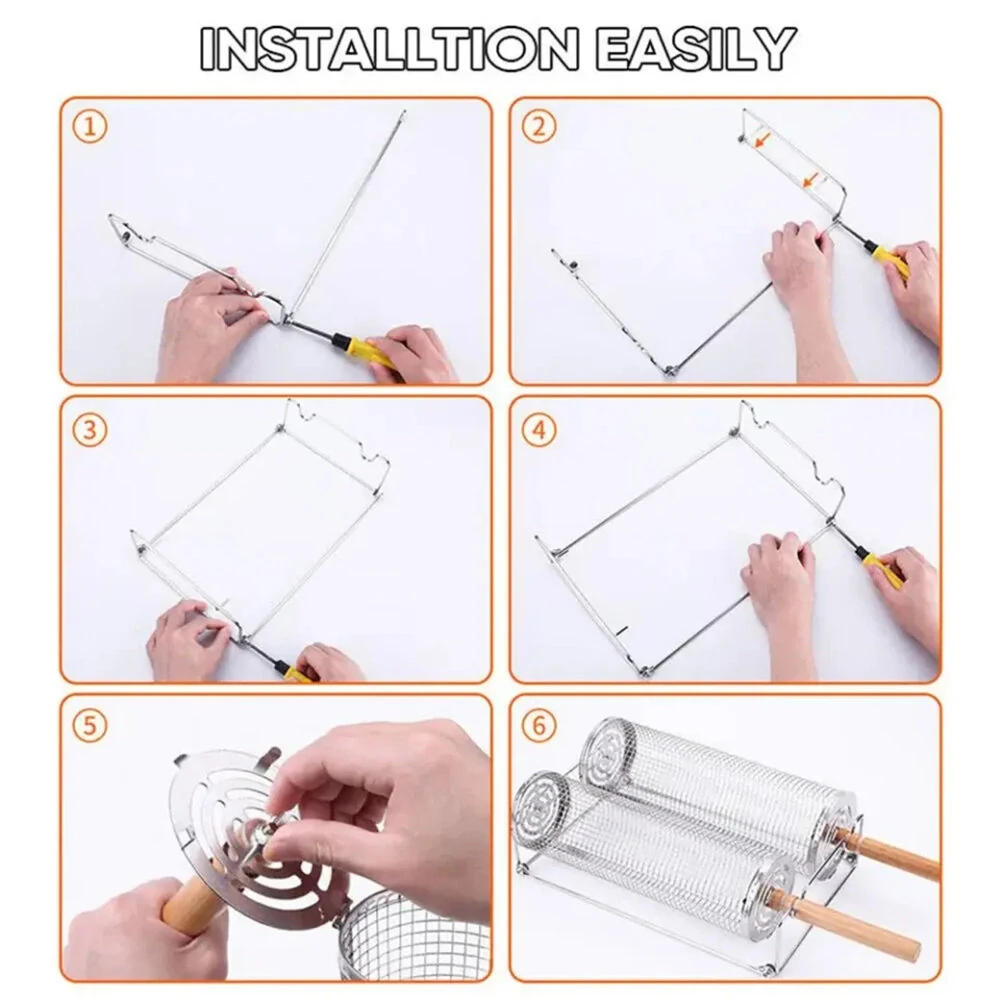 BBQ Grill Basket Round BBQ Cage Outdoor BBQ Smoking Cage Portable BBQ Net Rotating Drum Stainless Steel Grill Cage Round BBQ Basket with Handle Fish Roaster Outdoor Grill