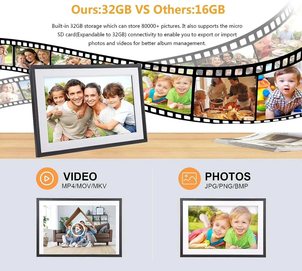 Frameo 10.1"  HD  IPS HD Touch Screen Digital Photo Frame WiFi Cloud Frame Digital Picture Frame 32GB Smart WiFi Digital Photo Frame with 1280x800 Wall Mountable