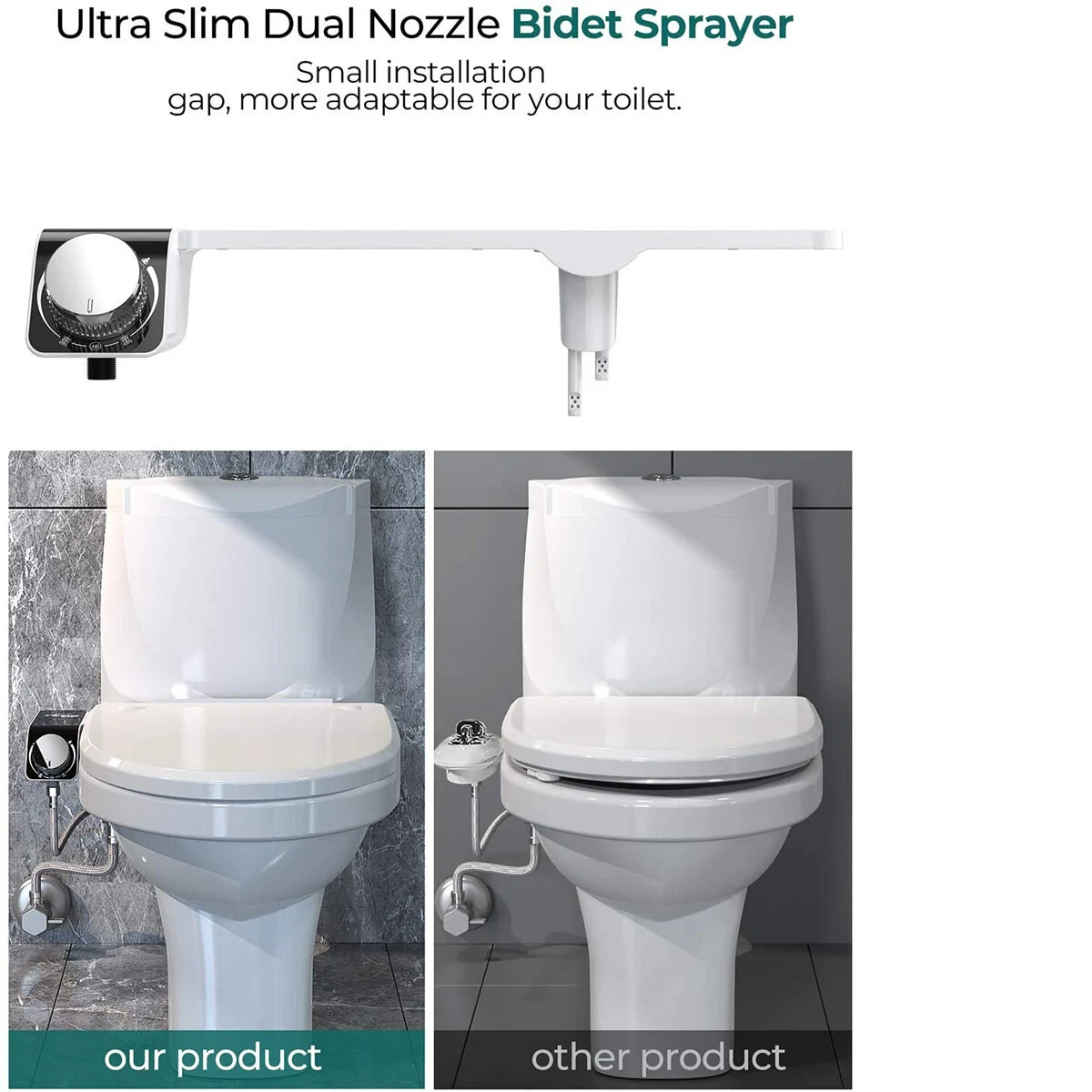 Toilet Bidet Attachment Ultra-Slim Toilet Seat Double Nozzle Spiral Adjustable Water Pressure Non-Electric Ass Sprayer With Hose