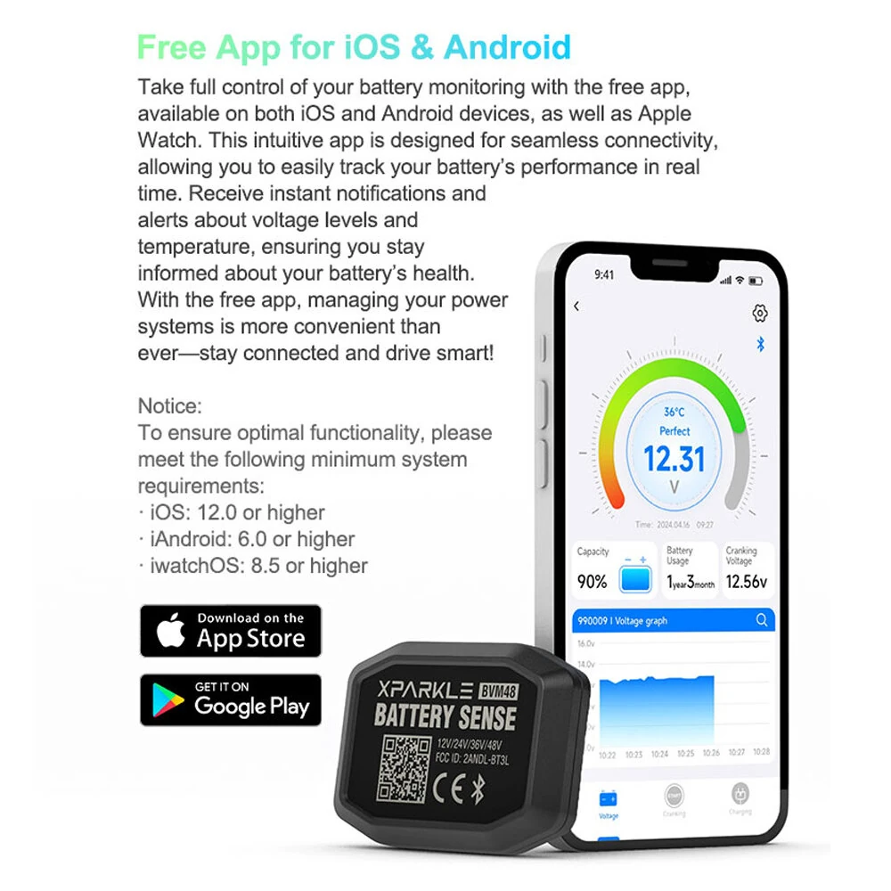Xparkle BVM02 bluetooth Battery Monitor Real Time Monitoring for Cars Yachts Off-Road Vehicles Trucks RVs Golf Carts Electric Bicycles Motorcycles Scooters