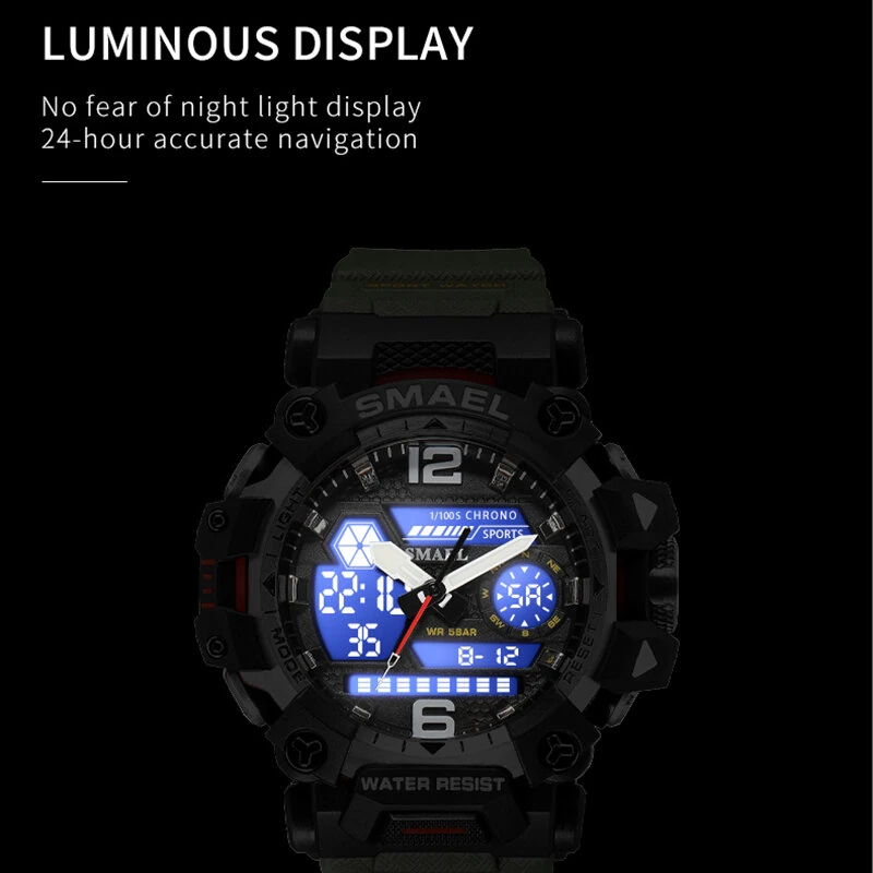 SMAEL Men LED Luminous Waterproof Sports Digital Dual Display Watch Multifunctional Outdoor Calendar Alarm Watch
