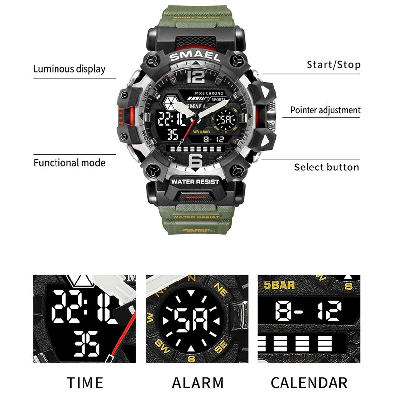 SMAEL Men LED Luminous Waterproof Sports Digital Dual Display Watch Multifunctional Outdoor Calendar Alarm Watch