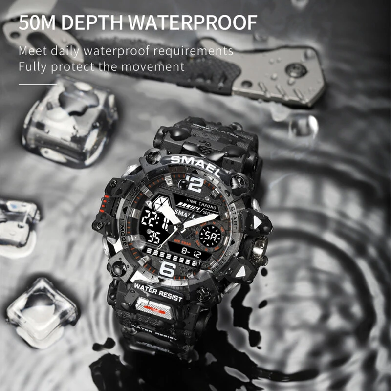 SMAEL Men LED Luminous Waterproof Sports Digital Dual Display Watch Multifunctional Outdoor Calendar Alarm Watch