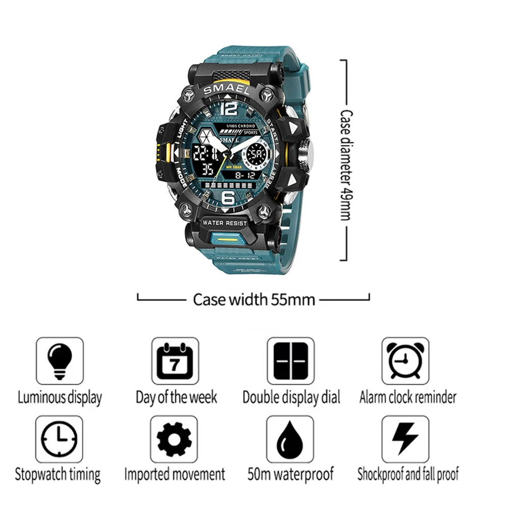 SMAEL Men LED Luminous Waterproof Sports Digital Dual Display Watch Multifunctional Outdoor Calendar Alarm Watch
