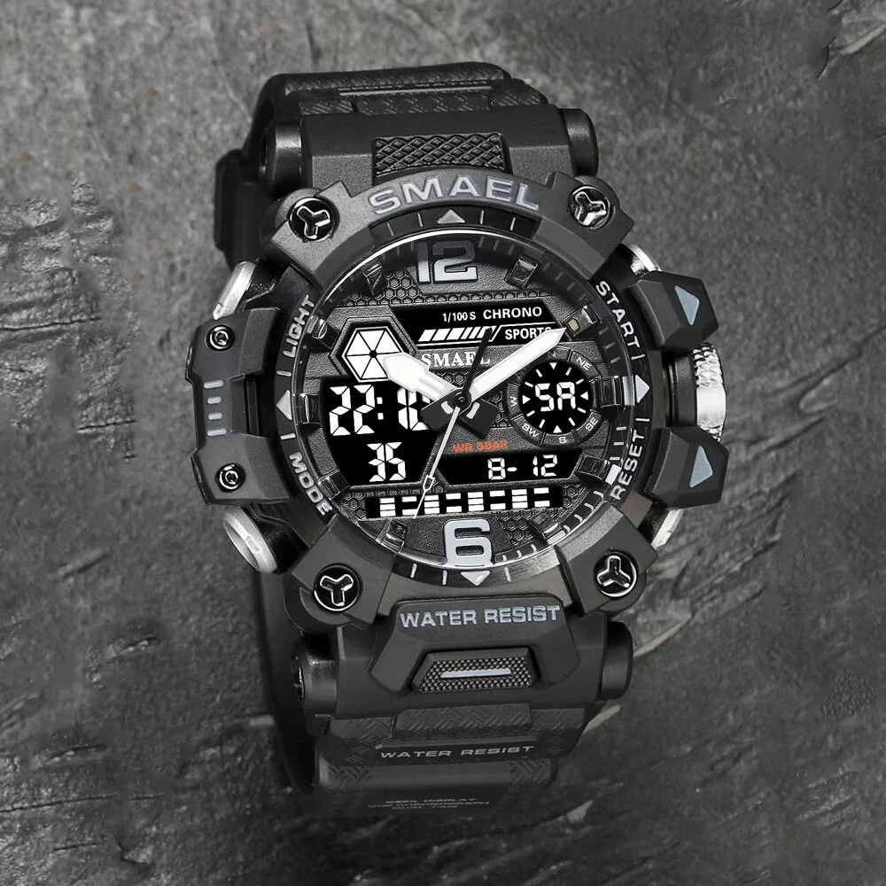 SMAEL Men LED Luminous Waterproof Sports Digital Dual Display Watch Multifunctional Outdoor Calendar Alarm Watch