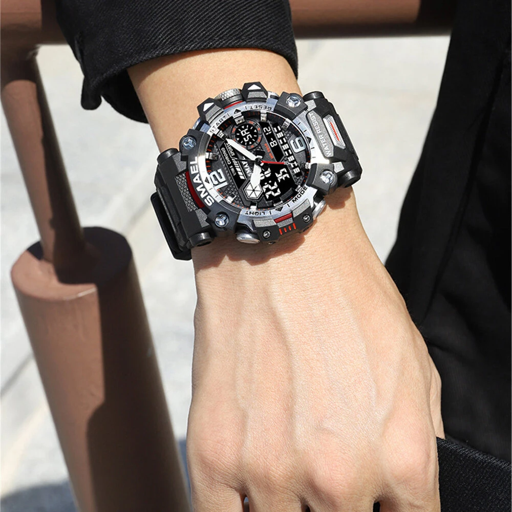 SMAEL Men LED Luminous Waterproof Sports Digital Dual Display Watch Multifunctional Outdoor Calendar Alarm Watch