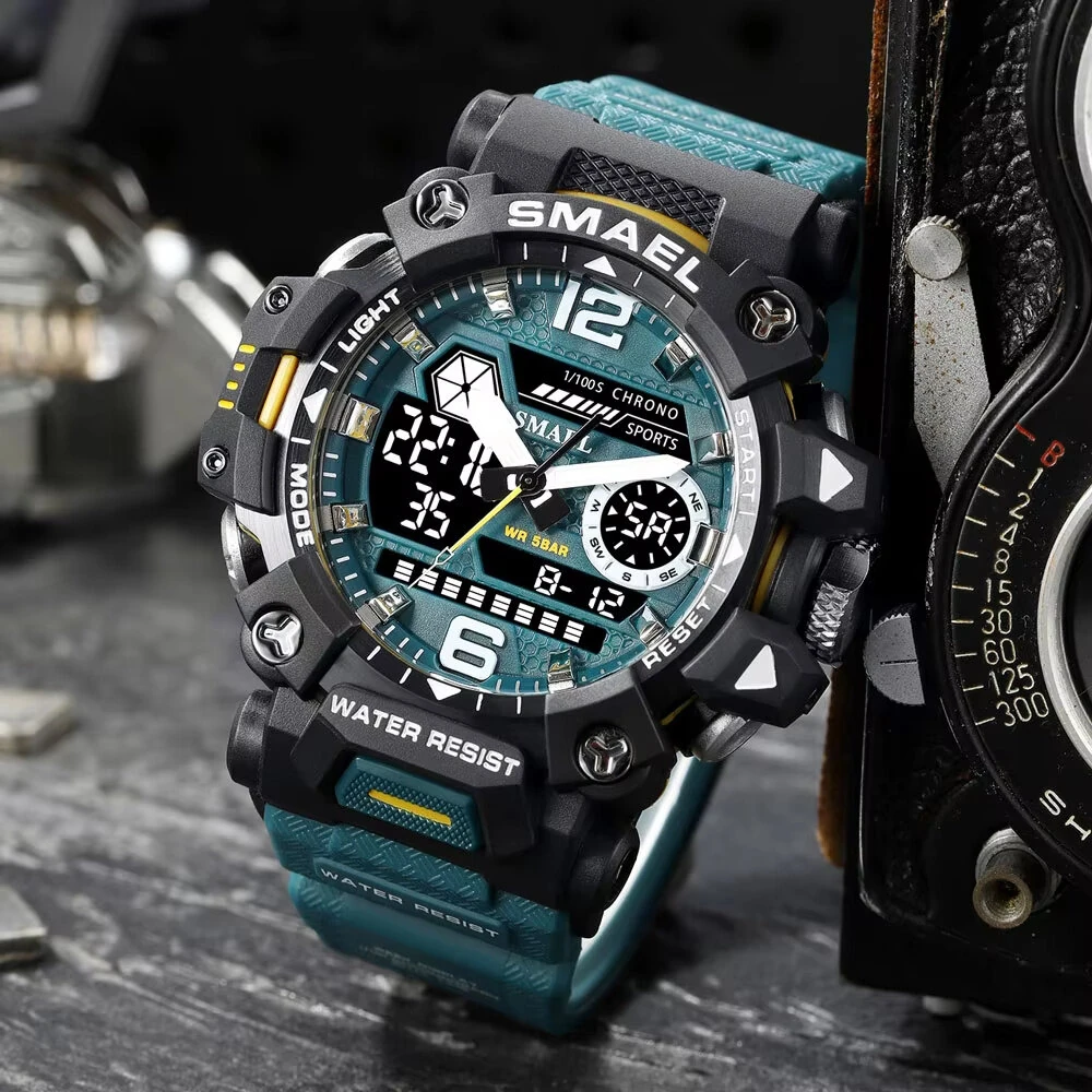 SMAEL Men LED Luminous Waterproof Sports Digital Dual Display Watch Multifunctional Outdoor Calendar Alarm Watch