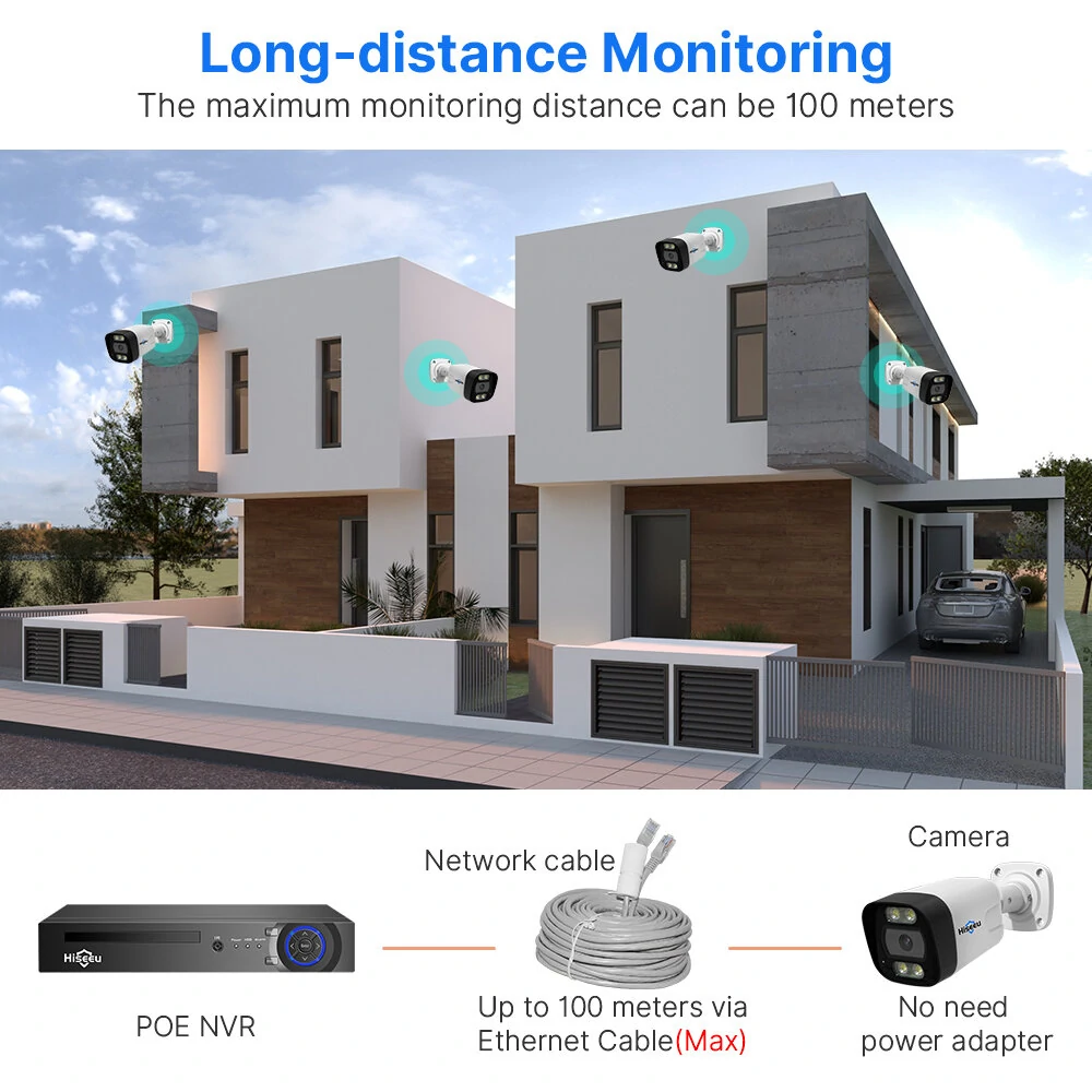 Hiseeu 8CH PoE Security CCTV Camera System Set Colorful Night Vision 2-way Audio APP Remote Monitoring H.265 AI Face Detection IP66 Waterproof Outdoors IP Camera NVR Set