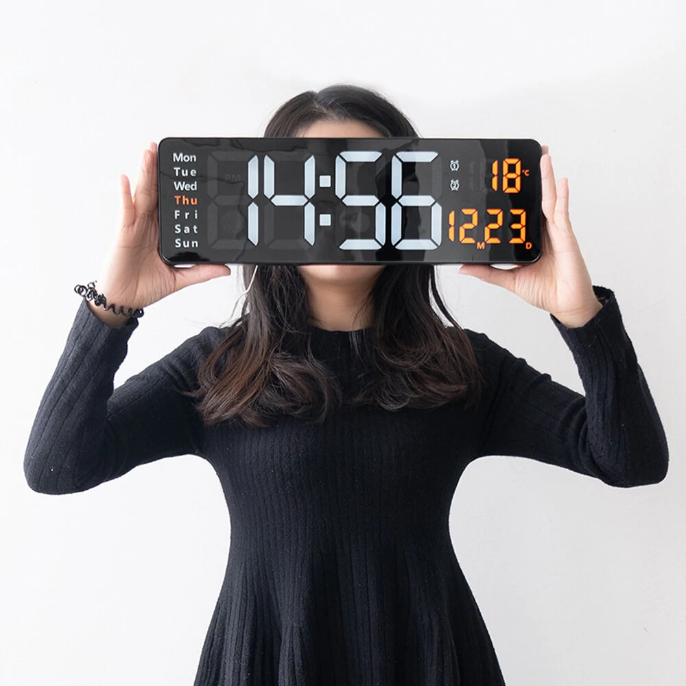 AGSIVO 16 Inch Digital Wall Clock Large LED Display with Remote Control / Automatic Brightness / Indoor Temperature / Date / Week / 12/24H For Home Office Classroom