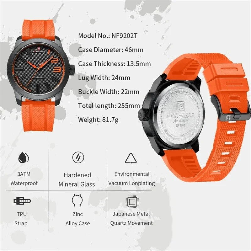 NAVIFORCE Men Sport Watch TPU Strap Simple Dial Quartz Wristwatch Waterproof Watch