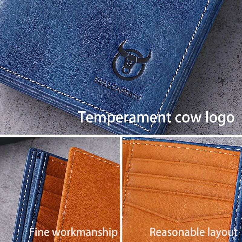 BULLCAPTAIN Men's Genuine Leather RFID Wallet Handmade Cowhide Thin Design Large Capacity Short Coin Purse Clip Business Casual Card Bag Gift