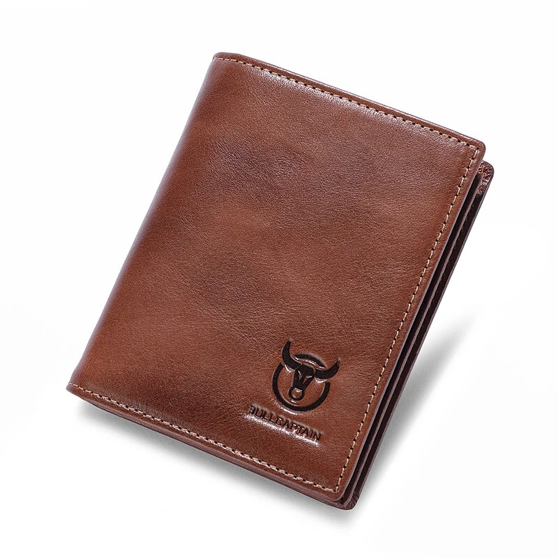 BULLCAPTAIN Men's Genuine Leather RFID Wallet Handmade Cowhide Thin Design Large Capacity Short Coin Purse Clip Business Casual Card Bag Gift