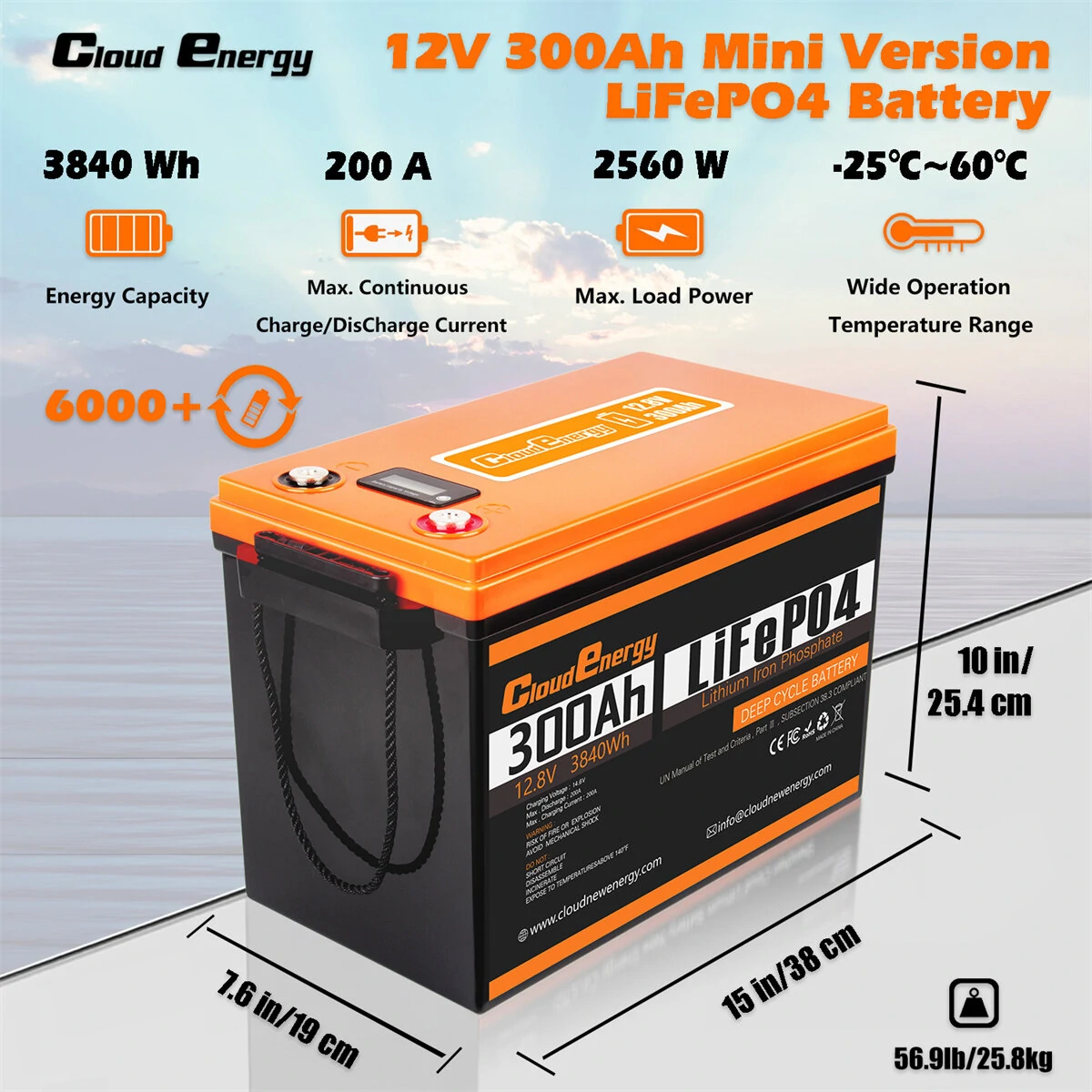 [EU DIRECT] Cloudenergy 12V-24V 100Ah-300Ah LiFePO4 Lithium Battery Pack 3.84kWh Backup Power 6000+Deep Cycles with Longer Runtime, Built-in 200A BMS, Perfect in Solar/Energy Storage System, RV, Marine, Power Bank, CL12-300B