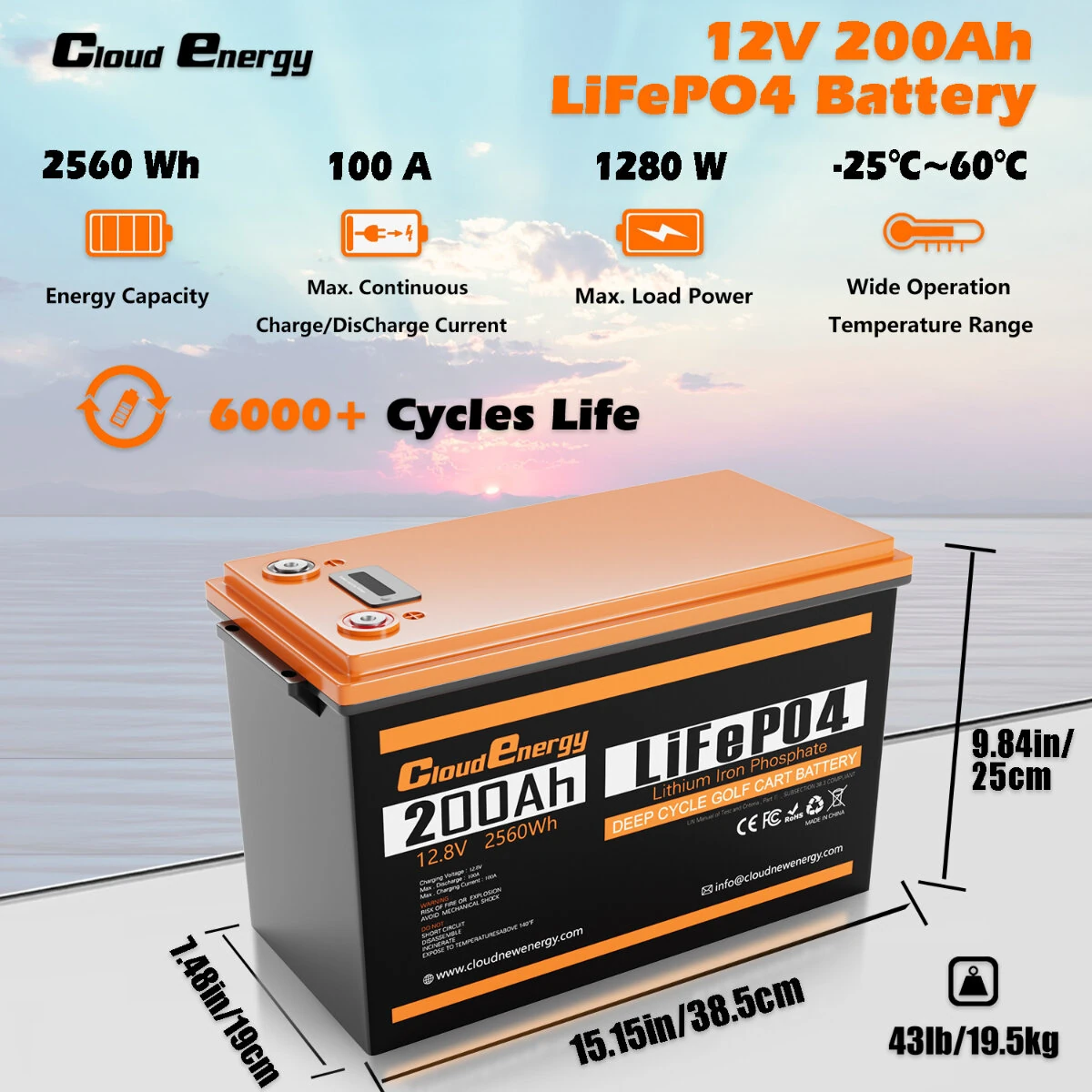 [EU DIRECT] Cloudenergy 12V-24V 100Ah-300Ah LiFePO4 Lithium Battery Pack 3.84kWh Backup Power 6000+Deep Cycles with Longer Runtime, Built-in 200A BMS, Perfect in Solar/Energy Storage System, RV, Marine, Power Bank, CL12-300B
