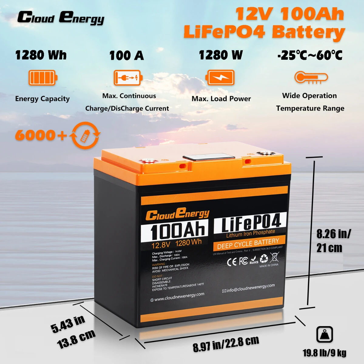[EU DIRECT] Cloudenergy 12V-24V 100Ah-300Ah LiFePO4 Lithium Battery Pack 3.84kWh Backup Power 6000+Deep Cycles with Longer Runtime, Built-in 200A BMS, Perfect in Solar/Energy Storage System, RV, Marine, Power Bank, CL12-300B