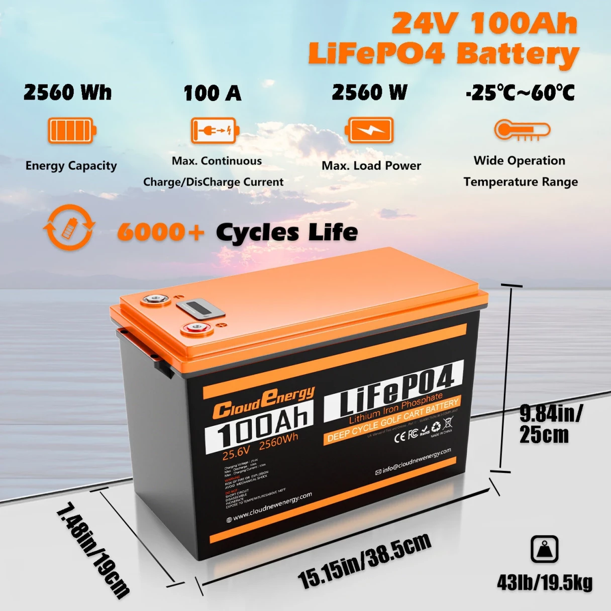 [EU DIRECT] Cloudenergy 12V-24V 100Ah-300Ah LiFePO4 Lithium Battery Pack 3.84kWh Backup Power 6000+Deep Cycles with Longer Runtime, Built-in 200A BMS, Perfect in Solar/Energy Storage System, RV, Marine, Power Bank, CL12-300B