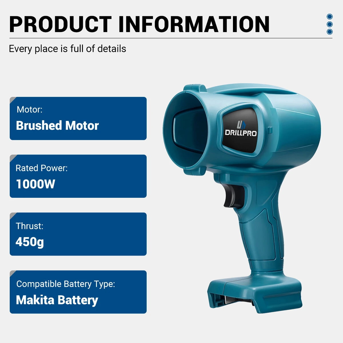 Drillpro Turbine Blower Brushed Motor Compatible with Battery Lightweight and Powerful Infinitely Variable Speed Control High-Efficiency Air Outlet