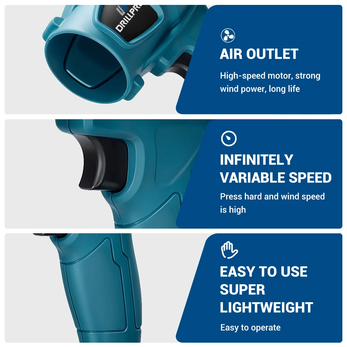 Drillpro Turbine Blower Brushed Motor Compatible with Battery Lightweight and Powerful Infinitely Variable Speed Control High-Efficiency Air Outlet