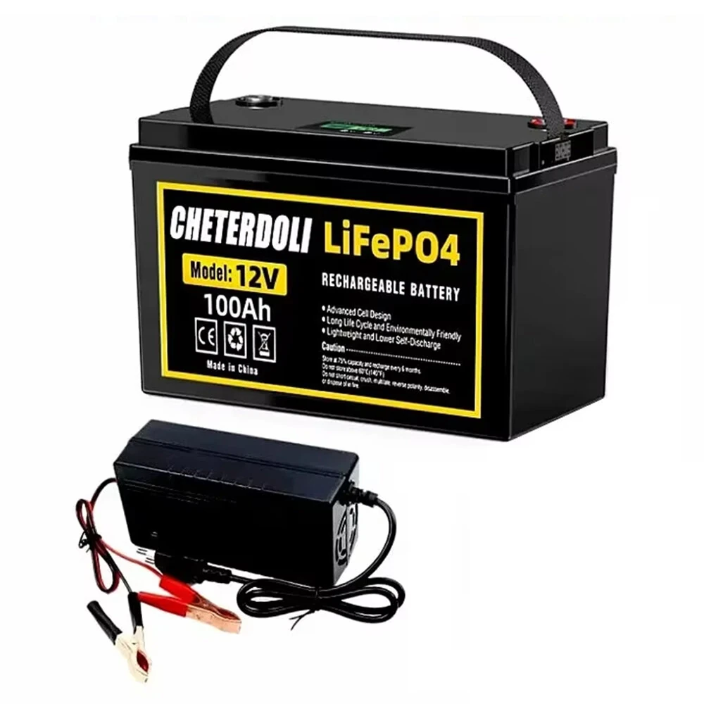 CHETERDOLI Lifepo4 Battery 12V 100Ah 12.8V Lithium Iron Phosphate Batteries Cycles Inverter Car Lighter with 14.6V 10A Charger