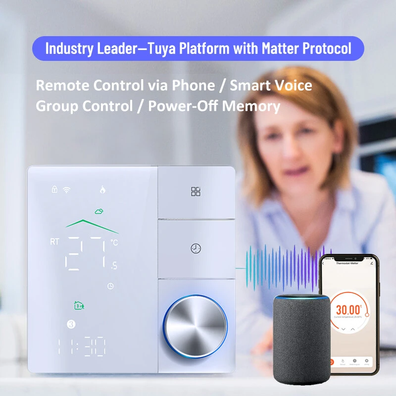 Wireless Matter Smart Thermostat Temperature Controller Wall-mounted 5A/16A Water Gas Boiler Heating Voice Control with Alexa Google Assistant