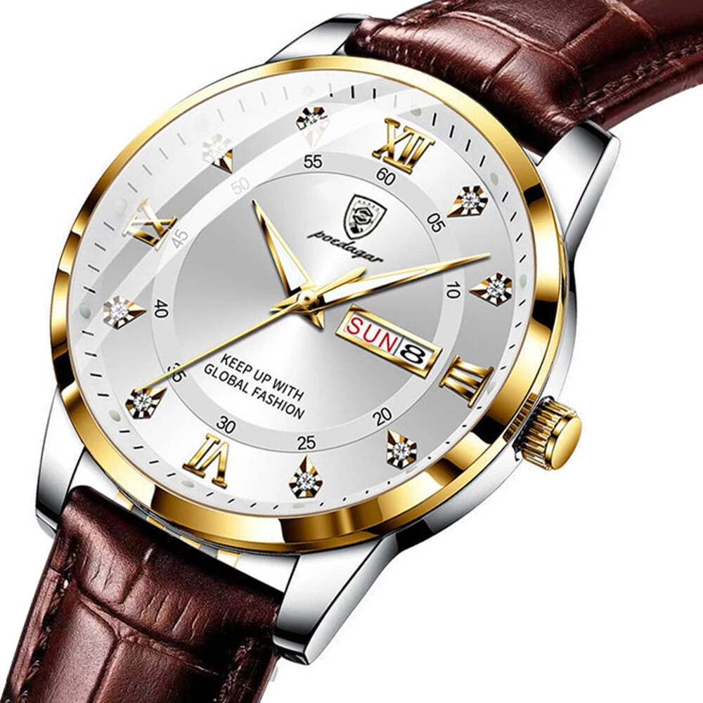 POEDAGAR Luxury Rhinestone Business Men Quartz Watch Calendar Week Luminous Pointer Leather Strap Waterproof Wristwatch