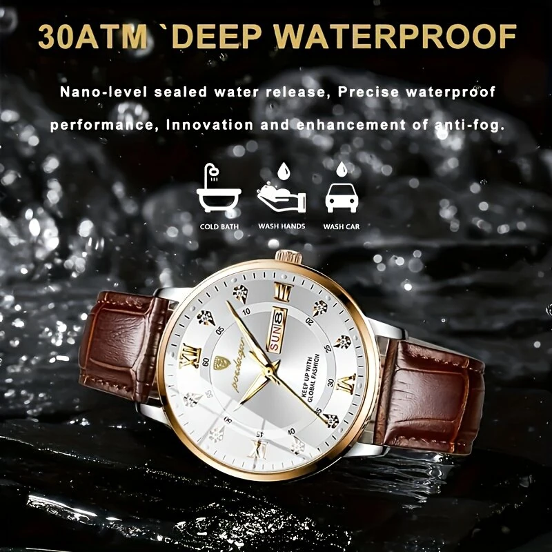 POEDAGAR Luxury Rhinestone Business Men Quartz Watch Calendar Week Luminous Pointer Leather Strap Waterproof Wristwatch