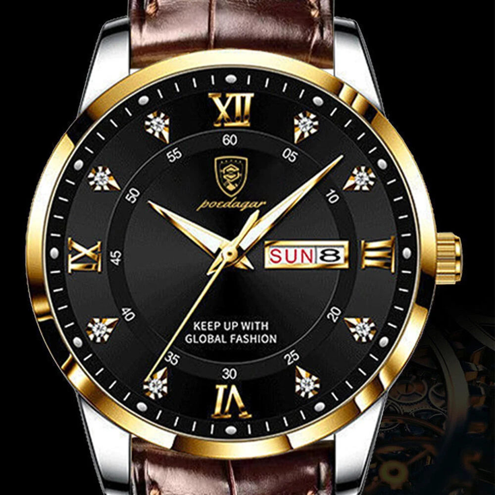 POEDAGAR Luxury Rhinestone Business Men Quartz Watch Calendar Week Luminous Pointer Leather Strap Waterproof Wristwatch
